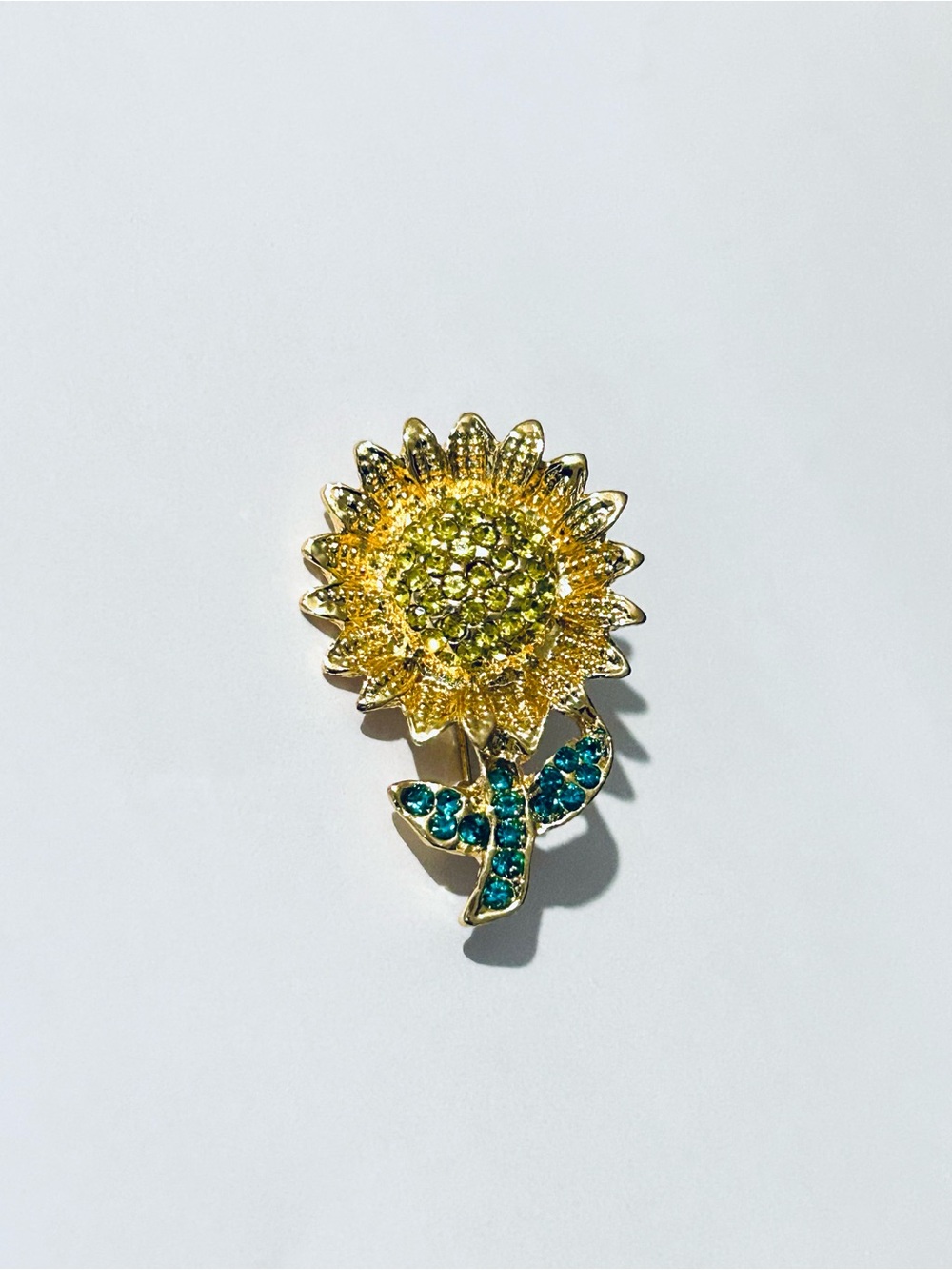 Gold Sunflower Rhinestone Brooch with Yellow and Green Accents, Sunflowers